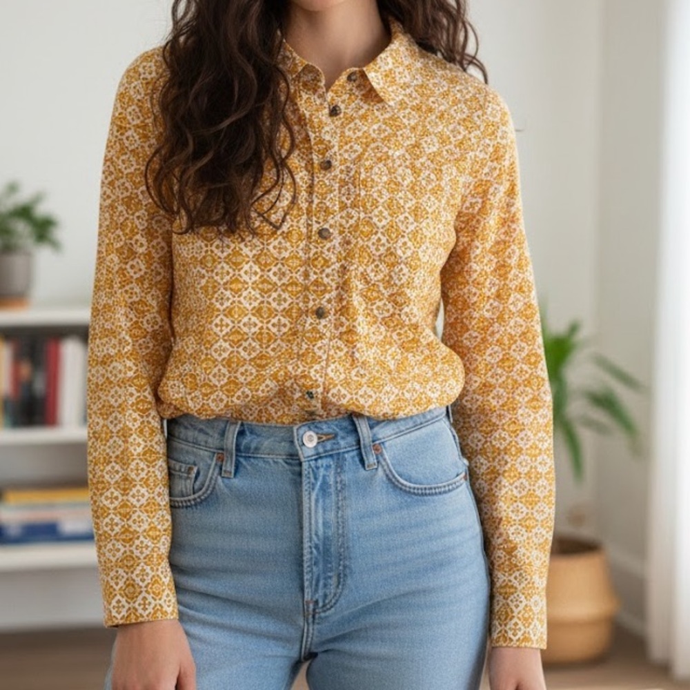 Anthropologie x Maeve Orange Floral Geometric Long Sleeve Button Down 6